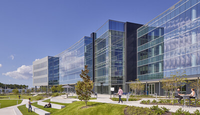 Curtainwalls on the front and back of the building allow plenty of natural light to enter lobby.
