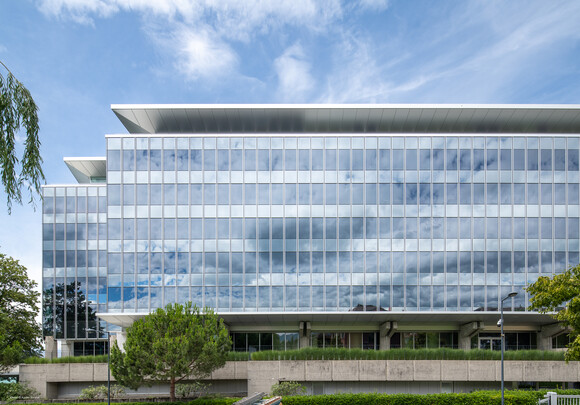 Exterior of building with smart glass windows from left to right. 