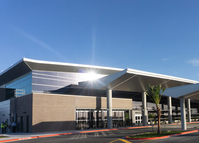 Exterior of school building with custom smart glass windows. 
