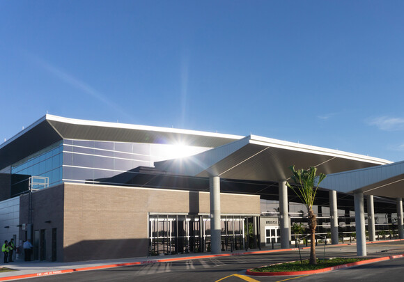 Exterior of school building with custom smart glass windows. 