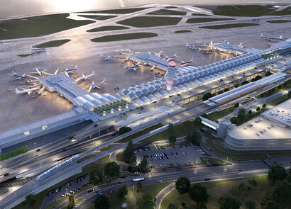 Aerial shot of an airport with large modern smart glass windows. 