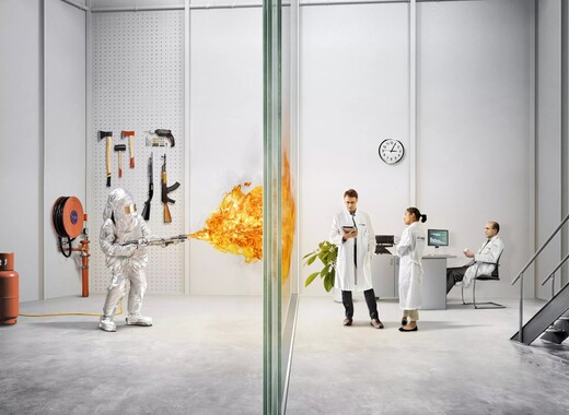 A gauche, une personne envoie du feu sur une vitre, à droite, trois personnes se trouvent derrière la vitre et sont complètement protégés du feu.