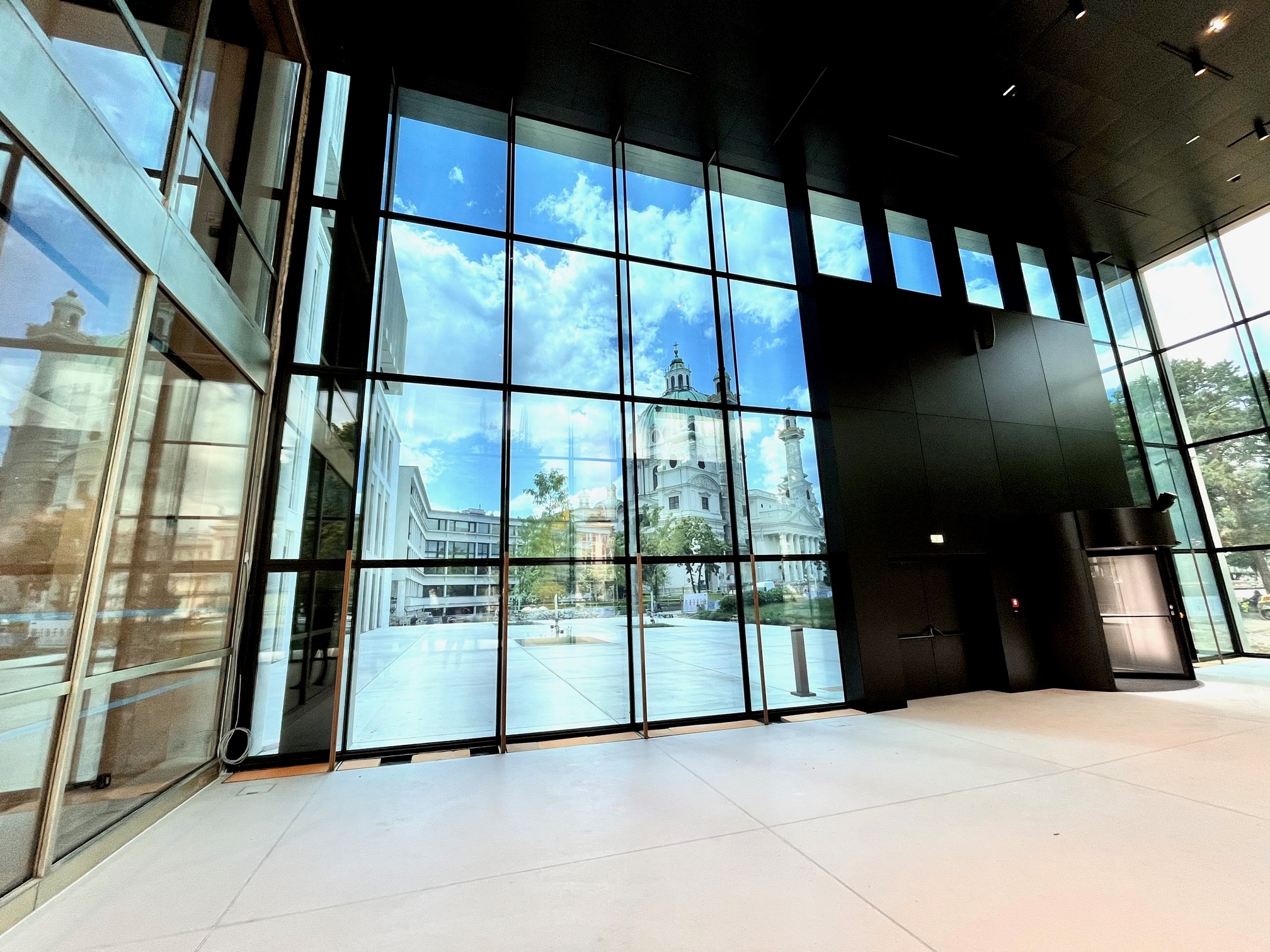View from inside the museum. The intelligent glazing is tinted.