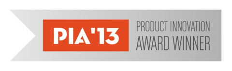 A grey flag logo with a gradient darkening to the right. It has a black text saying "Product Innovation Award Winner" and a red block with white text saying PIA '13
