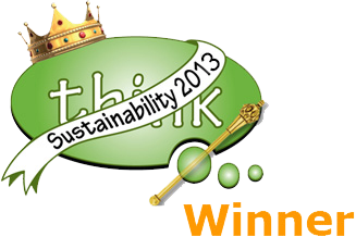 A green 3-d oval think bubble with the word "think" on it with a crown and a sash on it saying "Sustainability 2013" and the words winner on the bottom right.