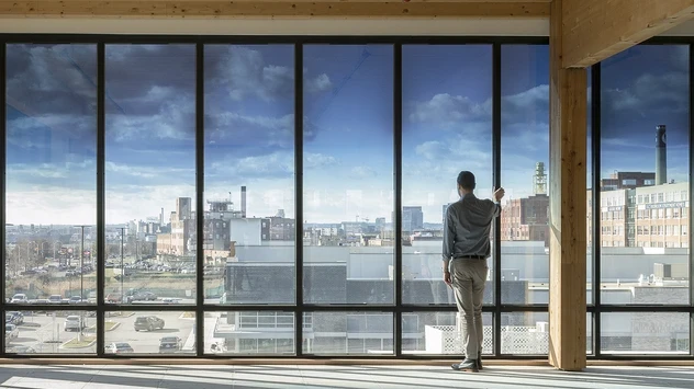 SageGlass Harmony Smart Windows with person looking out.